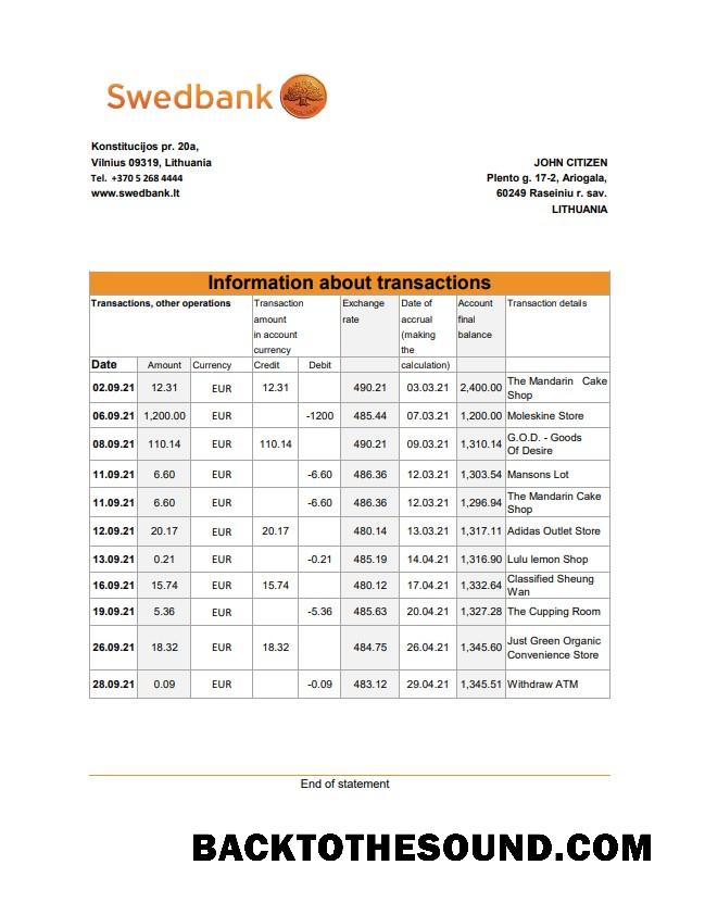 İndir Litvanya Swedbank Banka Hesap Özeti easy to fill in .XLS and .PDF Dosya Format Örnek ön izleme