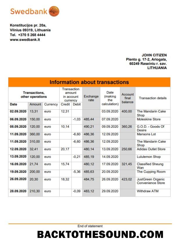 İndir Litvanya Swedbank Hesap Özeti Örnek ön izleme