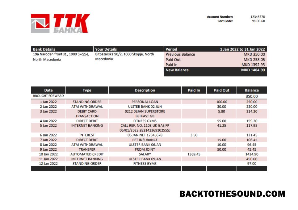 İndir Macedonia TTK Banka Hesap Özeti in Word and PDF Format Örnek örnek