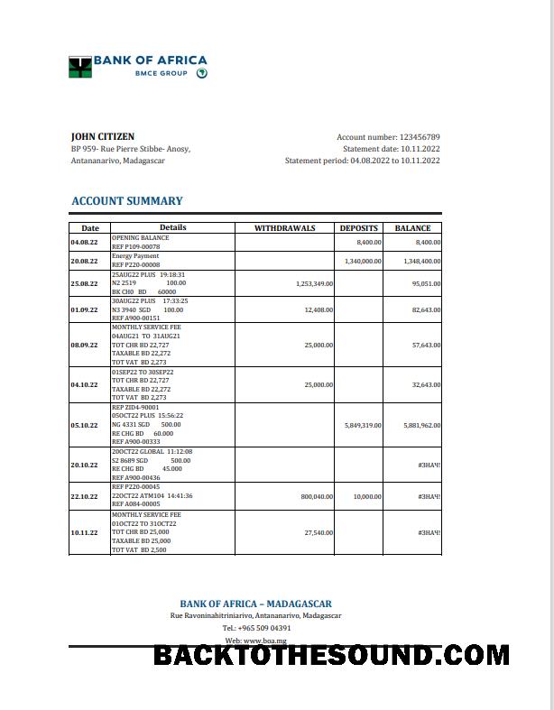 İndir Madagaskar Banka of Africa Banka Hesap Özeti Excel and PDF Örnek tasarım