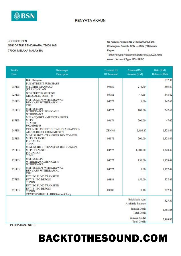 İndir Malezya BSN Banka Hesap Özeti Örnek ön izleme