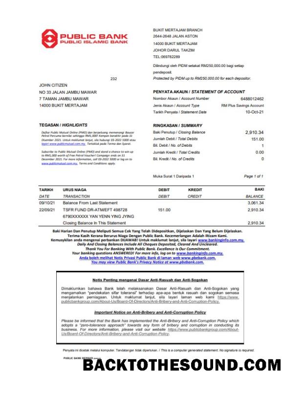 İndir Malezya Public Banka Hesap Özeti easy to fill in Excel and PDF Format Örnek taslak