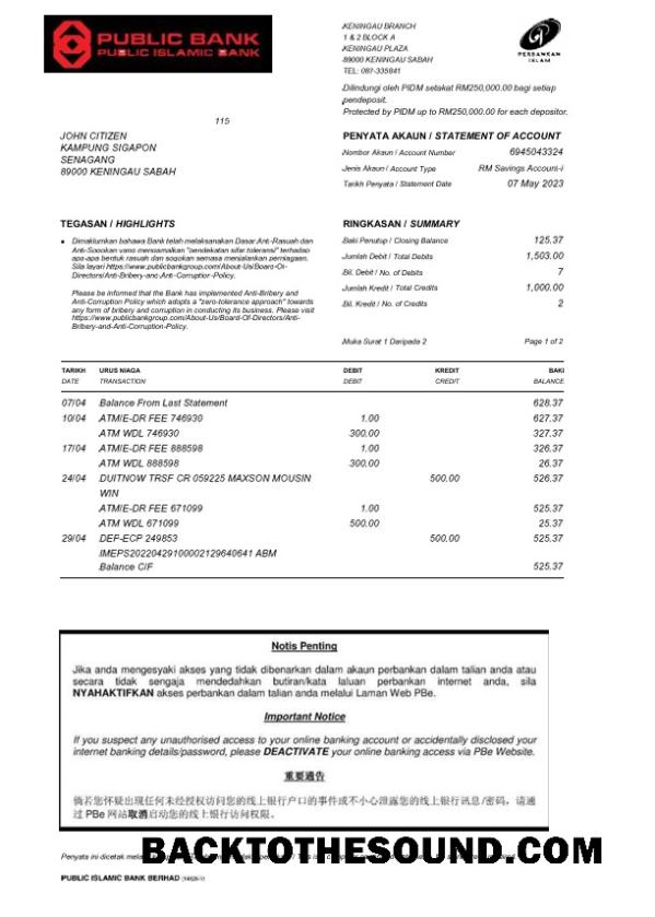Düzenlenebilir İndir Malezya Public Islamic Sahte Banka Hesap Özeti Word and PDF Şablon, 2 pages Örnek