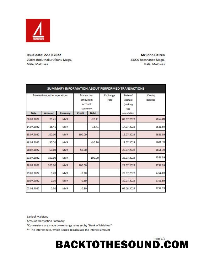 İndir Maldivler Banka of Maldivler Hesap Özeti Örnek örnek