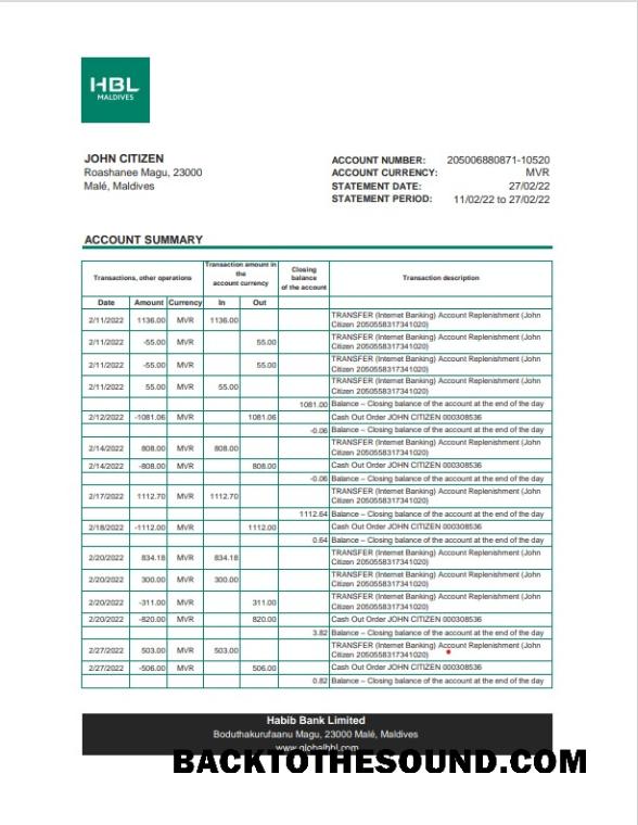 İndir Maldivler HBL Banka Hesap Özeti Excel and PDF Örnek taslak
