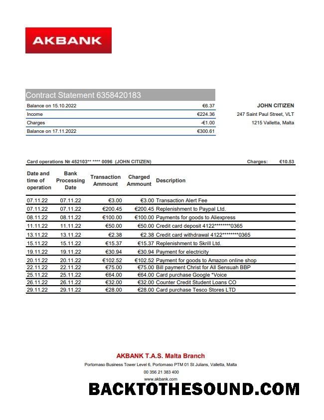 İndir Malta Akbank Banka Hesap Özeti XLS Örnek tasarım