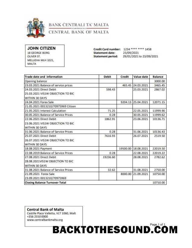 İndir Malta Central Banka of Malta Banka Hesap Özeti easy to fill in Excel and PDF Format Örnek örnek