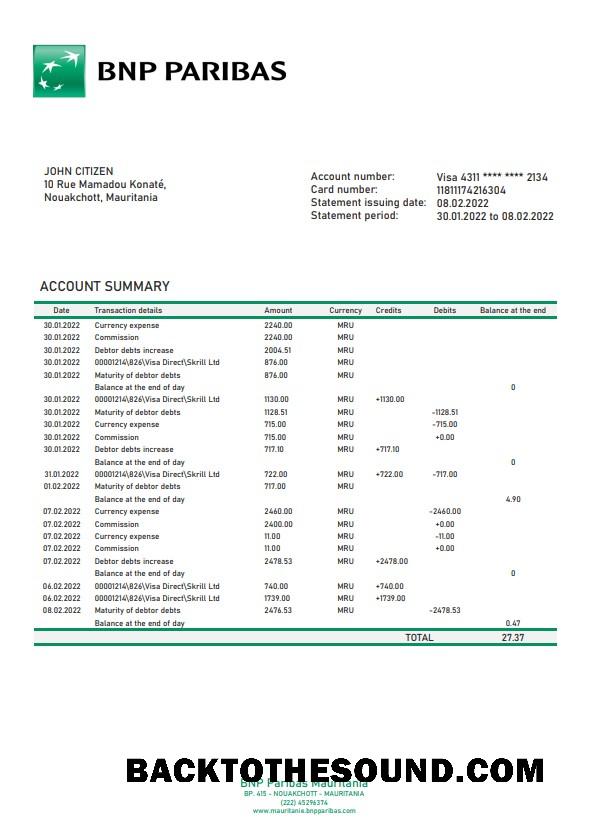 İndir Moritanya BNP Paribas Banka Hesap Özeti in Word and PDF Format Örnek tasarım