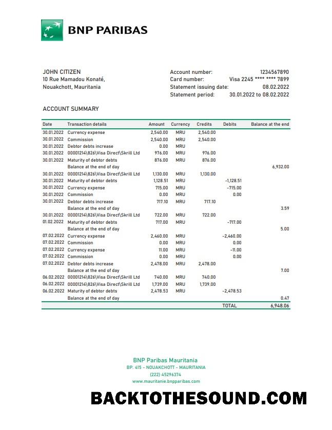 İndir Moritanya BNP Paribas Banka Hesap Özeti Örnek şablon