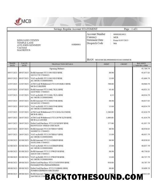 İndir Mauritius ticari Banka (MCB) Hesap Hesap Özeti Word and PDF Örnek tasarım