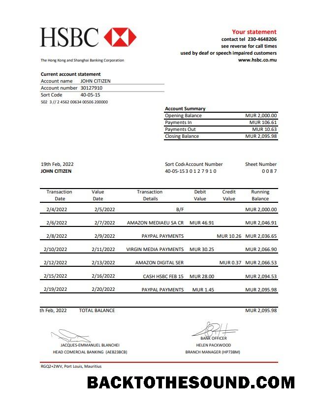 İndir Mauritius HSBC Banka Hesap Özeti Örnek şablon