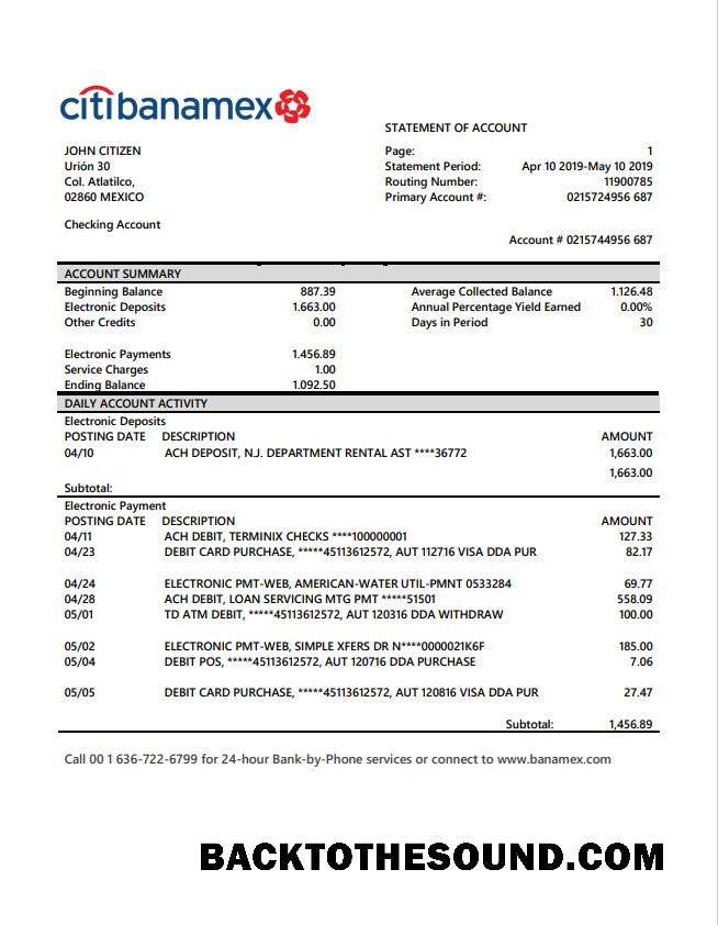 İndir Meksika Citibanamex Banka Hesap Özeti Örnek tasarım