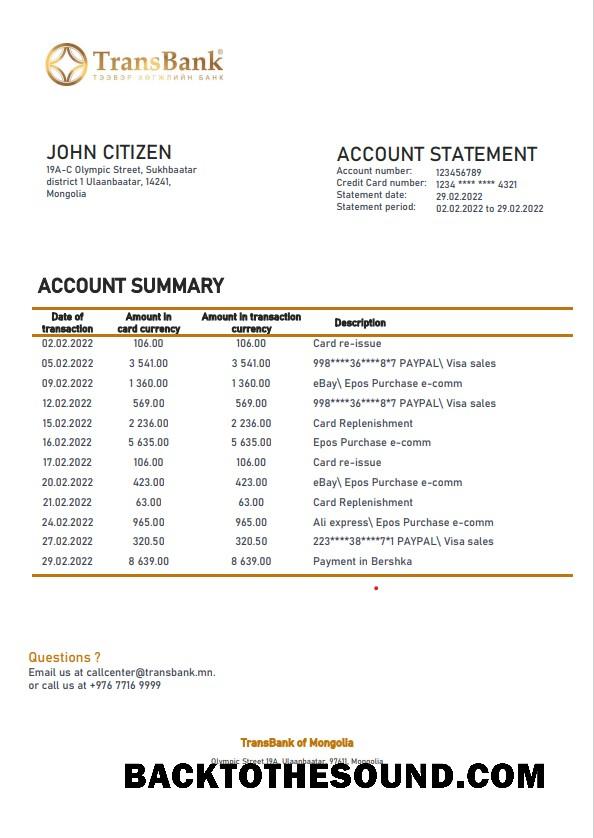 İndir Moğolistan Transbank Banka Hesap Özeti in Word and PDF Format Örnek taslak