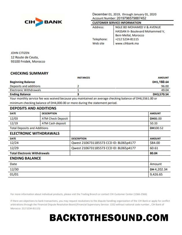 İndir Fas CIH Banka proof of address Hesap Özeti in Word and PDF Format Örnek ön izleme