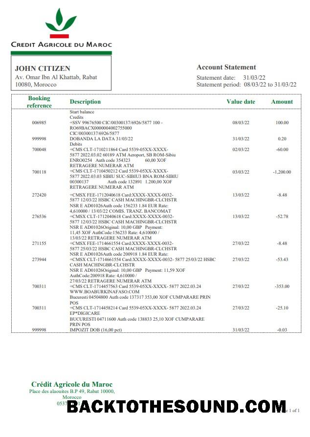 İndir Fas Kredi Agricole Banka Hesap Özeti Word and PDF Örnek ön izleme