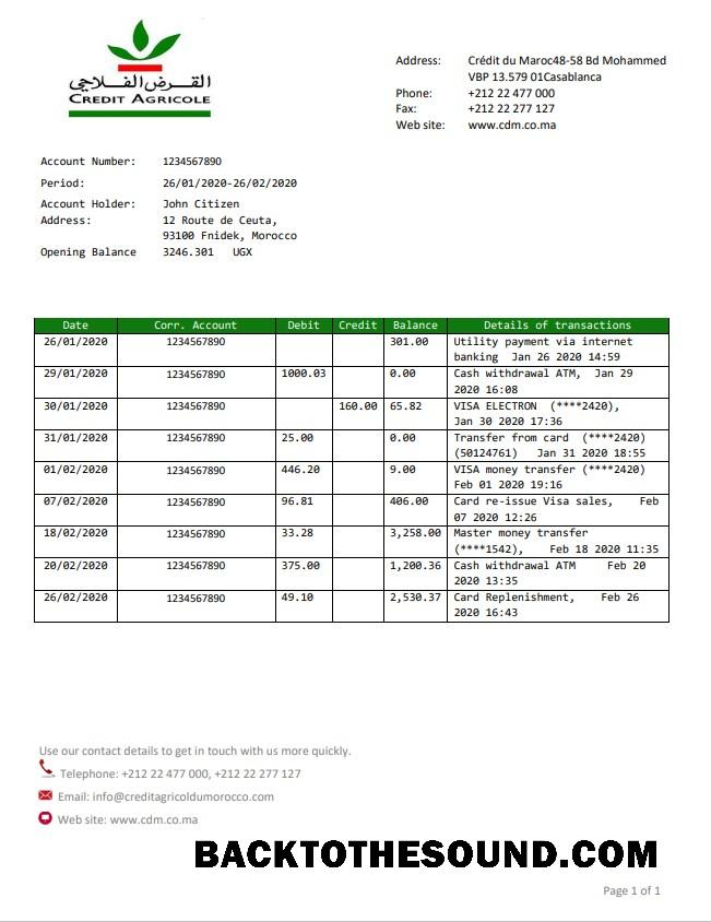 İndir Fas Kredi Agricole Banka Hesap Özeti in Word and PDF Format, good for address prove Örnek şablon