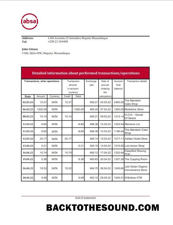 İndir Mozambik ABSA Banka Hesap Özeti Excel and PDF Örnek taslak