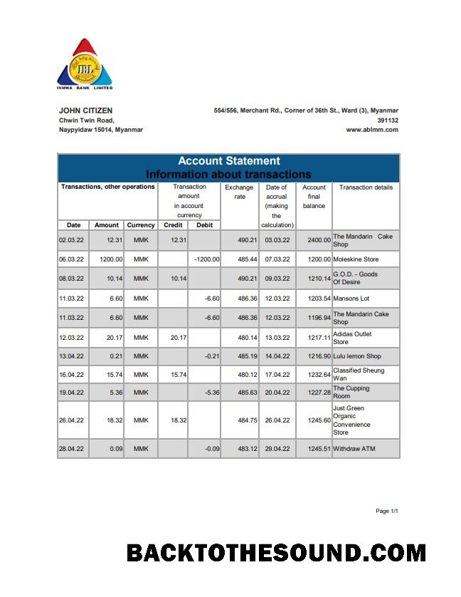 İndir Myanmar Innwa Banka Limited Banka Hesap Özeti Örnek şablon