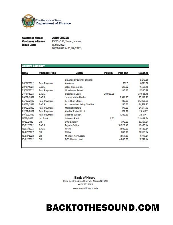 İndir Nauru Banka of Nauru Banka Hesap Özeti Excel and PDF Örnek tasarım
