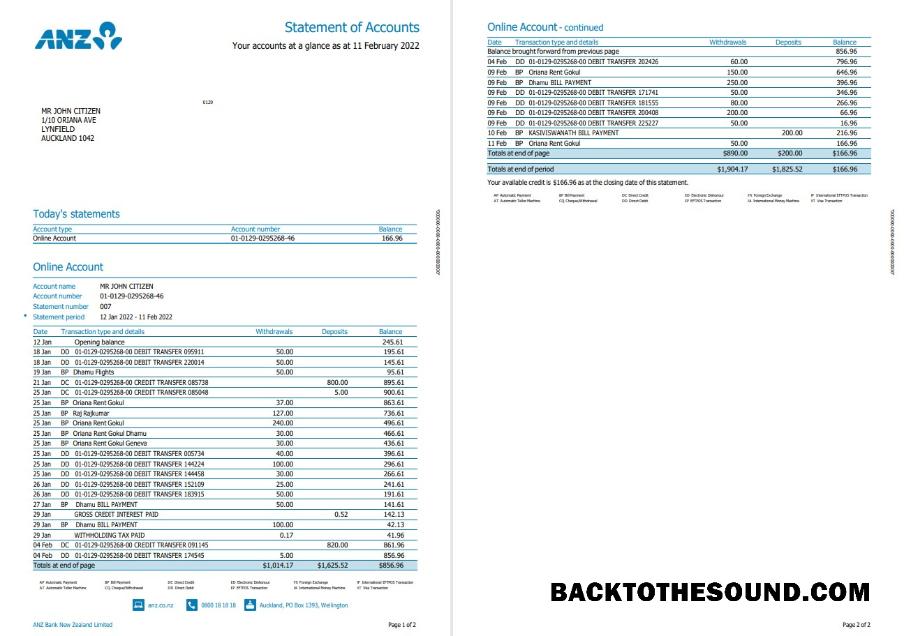 İndir Yeni Zelanda ANZ Banka Hesap Özeti Sürüm 2, 2 pages Örnek örnek