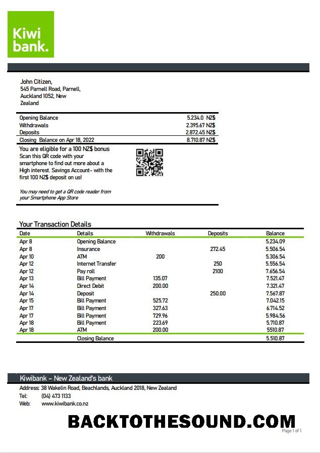 İndir Yeni Zelanda Kiwibank Hesap Özeti Örnek tasarım