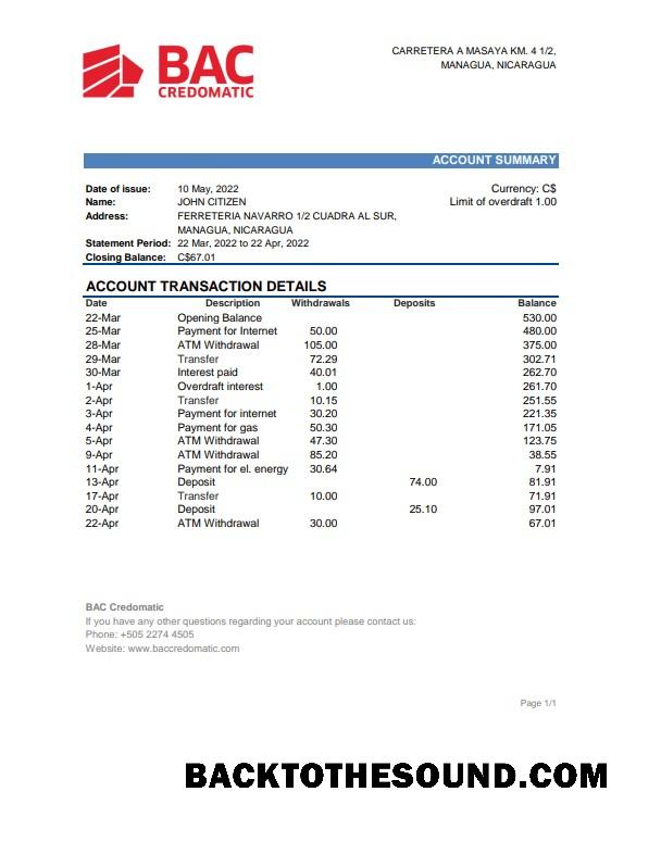 İndir Nikaragua BAC Credomatic Banka Hesap Özeti Excel and PDF Örnek şablon