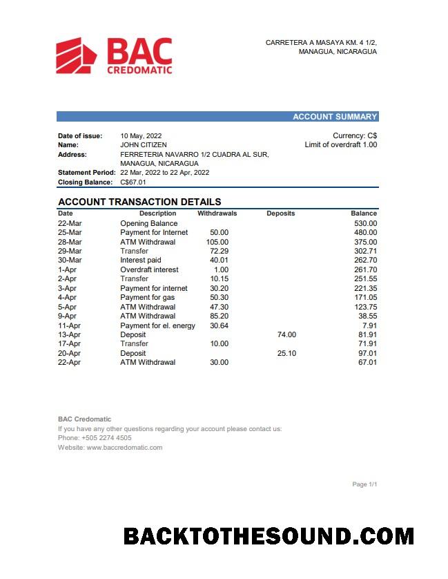 İndir Nikaragua BAC Credomatic Banka Hesap Özeti Örnek örnek
