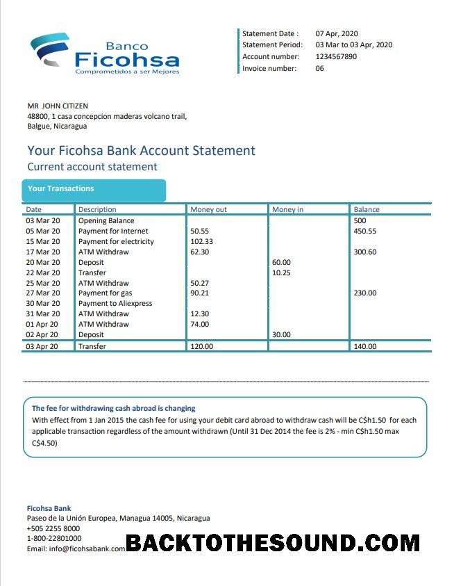 İndir Nikaragua Banco Ficohsa Banka Hesap Özeti Örnek ön izleme