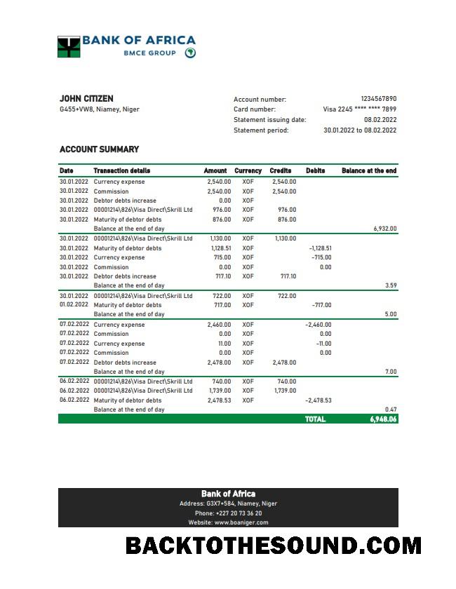 İndir Nijer Banka of Africa Banka Hesap Özeti Örnek tasarım