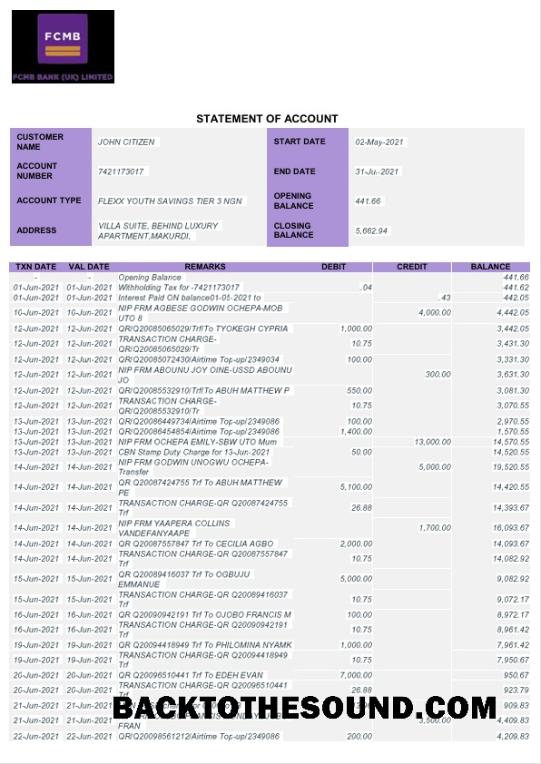 Gerçekçi İndir Nijerya FCMB Banka Hesap Özeti Word and PDF Şablon, 6 pages Örnek