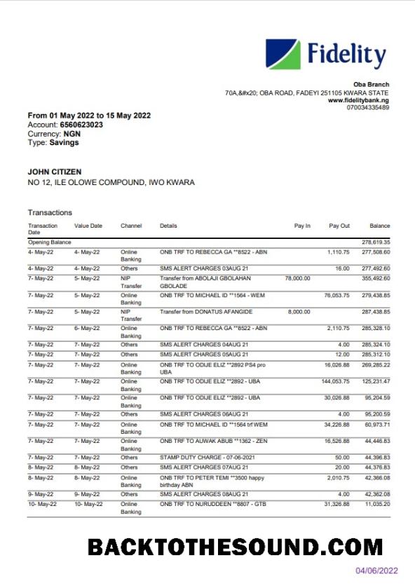 İndir Nijerya Fidelity Banka Hesap Özeti Örnek tasarım