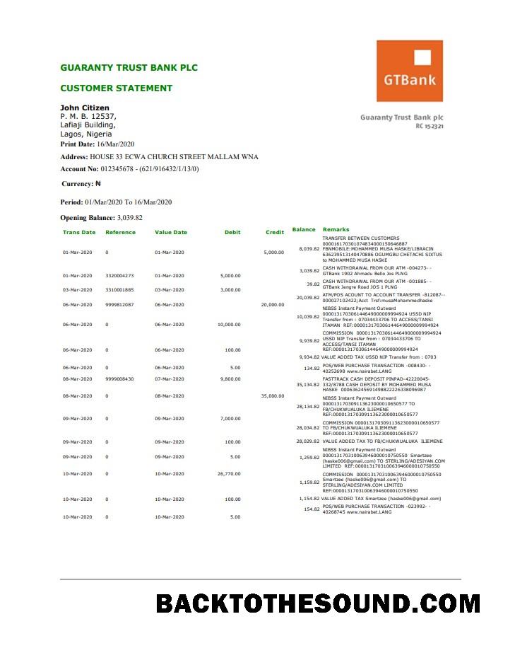 İndir Nijerya GTBank proof of address Banka Hesap Özeti in Word and PDF Format Örnek şablon