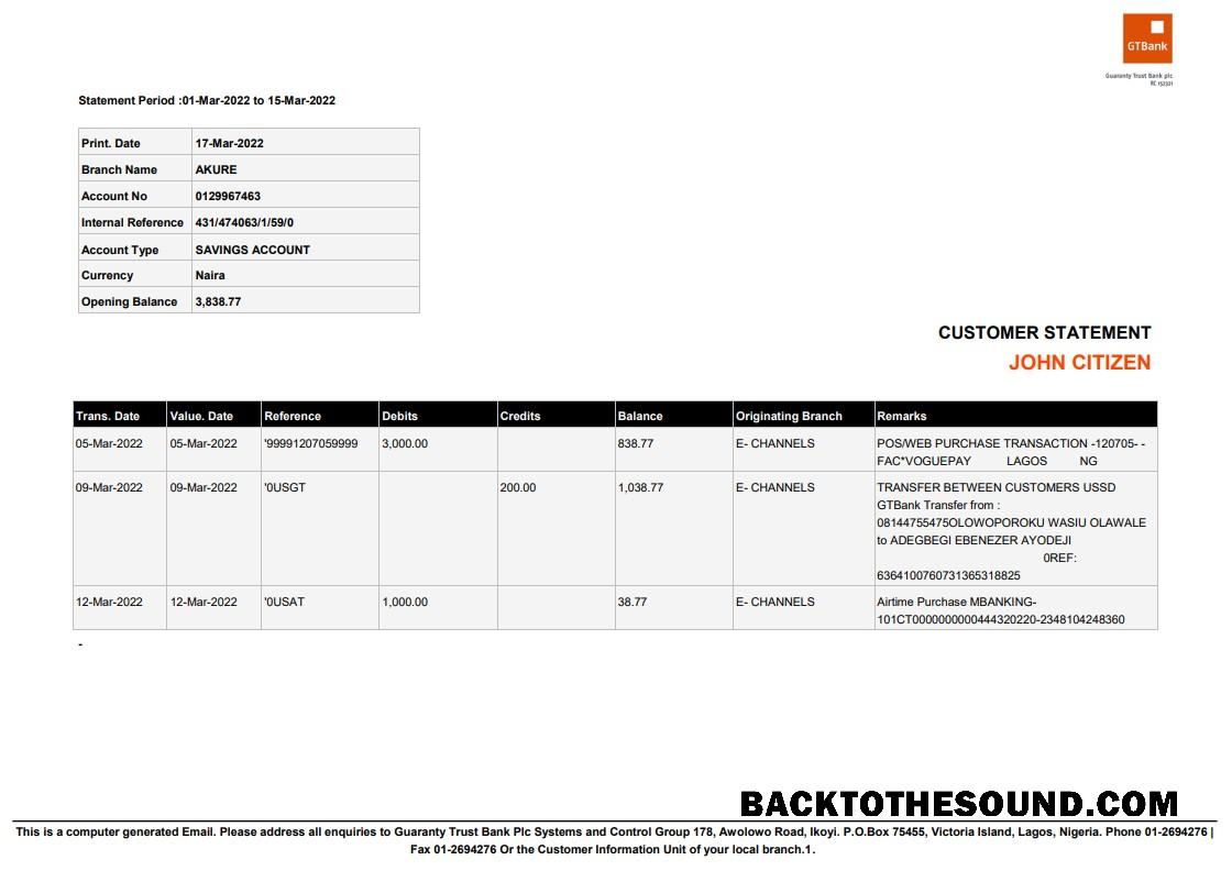 İndir Nijerya Guaranty Trust Banka (GTBank) savings Hesap Hesap Özeti Word and PDF Örnek ön izleme