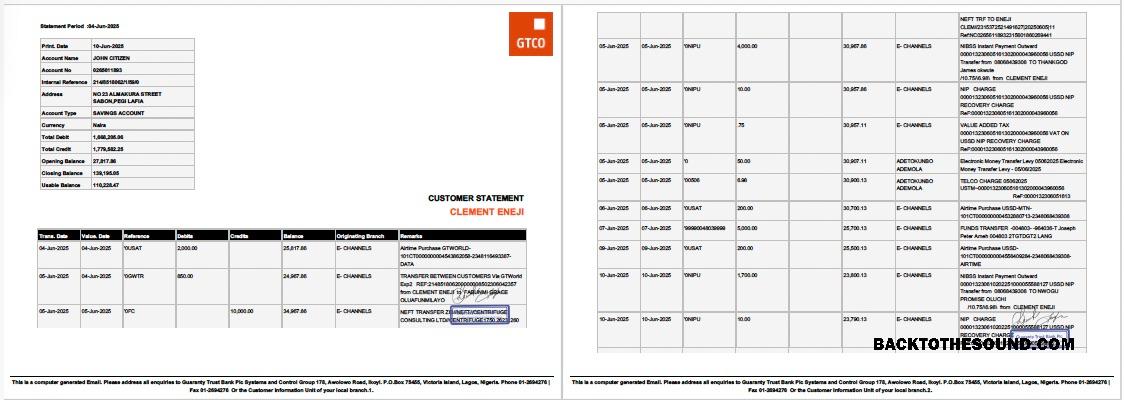 Profesyonel İndir Nijerya Guaranty Trust Banka Plc Hesap Hesap Özeti Word and PDF Şablon, 2 pages Örnek