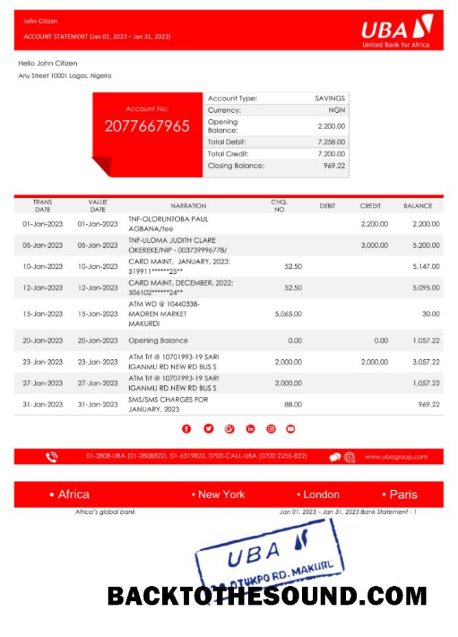Düzenlenebilir İndir Nijerya UBA Banka Hesap Özeti Word and PDF Şablon, Sürüm 2 Örnek