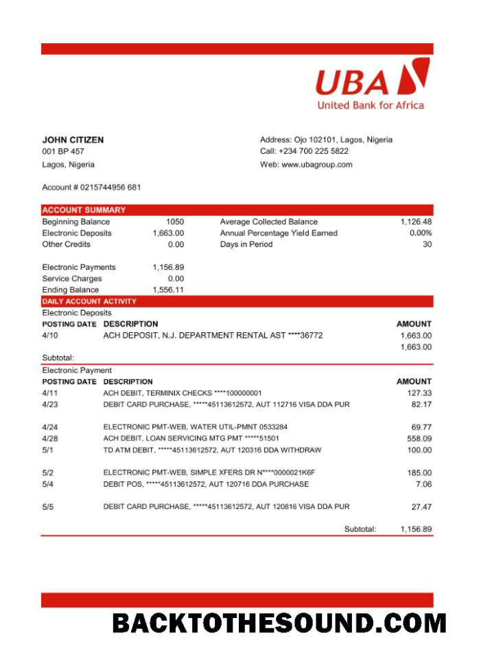 İndir Nijerya UBA Banka Hesap Özeti in Excel and PDF Format Örnek taslak