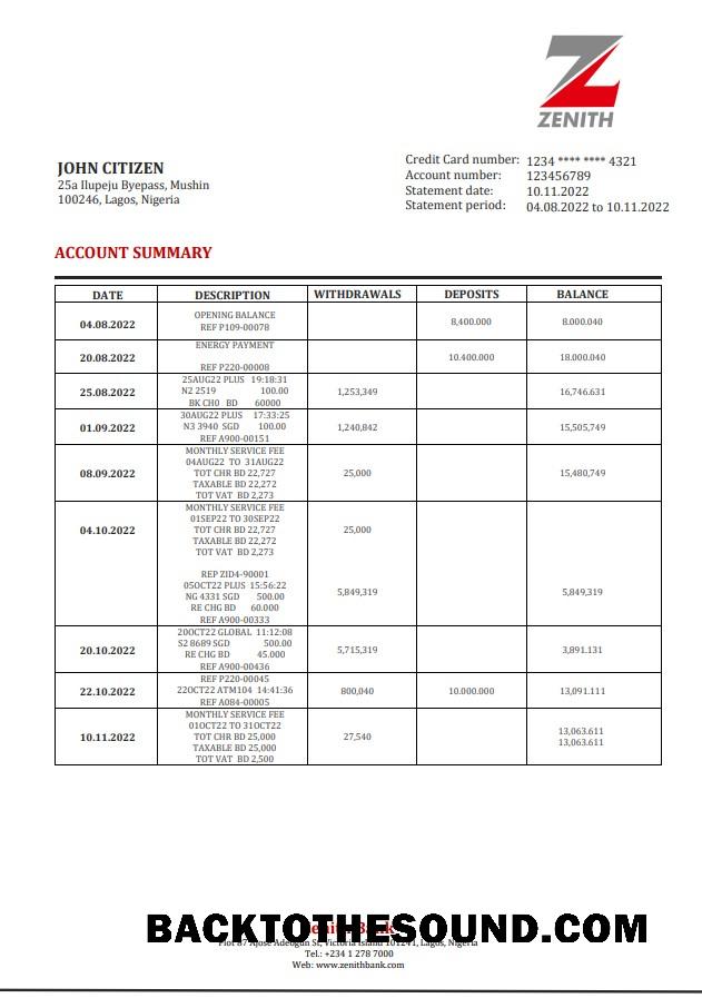 İndir Nijerya Zenith Banka Hesap Özeti Örnek tasarım