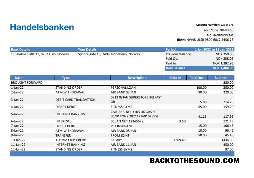 İndir Norveç Handelsbanken Banka Hesap Özeti Örnek taslak