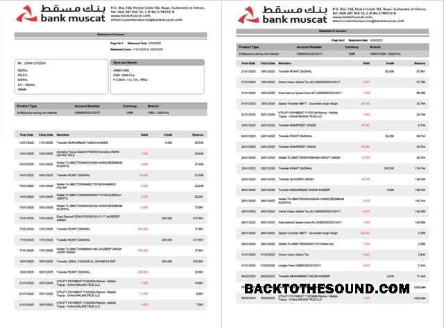 Gerçekçi İndir Umman Banka Muscat Hesap Özeti of Hesap Word and PDF Şablon, 2 pages Örnek