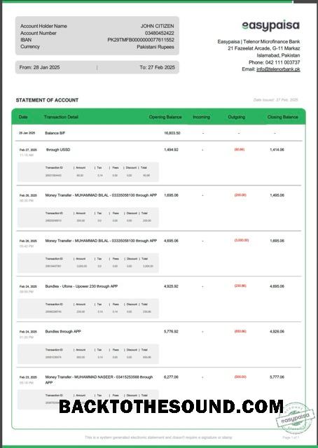 İndir Pakistan Easypaisa Hesap Özeti of Hesap Word and PDF Örnek ön izleme