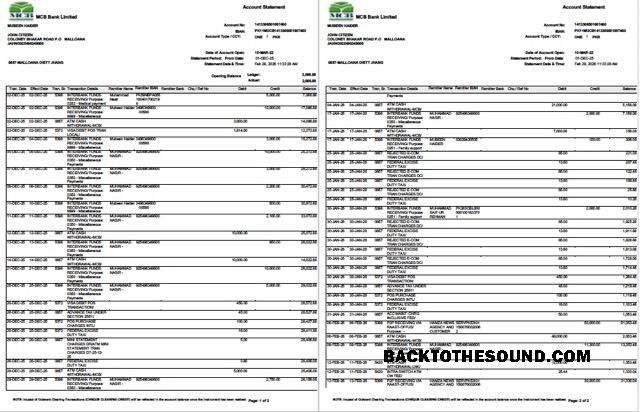 Profesyonel İndir Pakistan MCB Banka Hesap Hesap Özeti Word and PDF Şablon, 2 pages Örnek