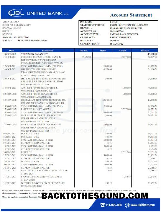İndir Pakistan UBL Banka Hesap Özeti Word and PDF scr Örnek tasarım
