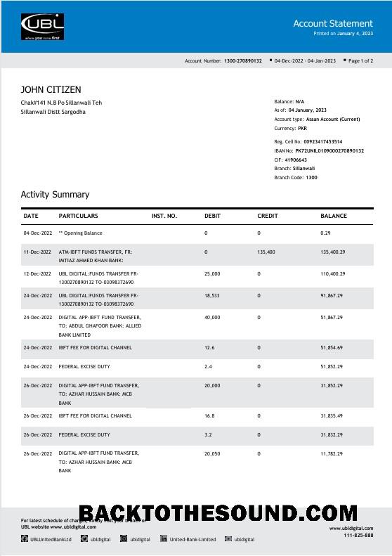 Premium İndir Pakistan UBL Banka Hesap Özeti Word and PDF Şablon, 2 pages Örnek