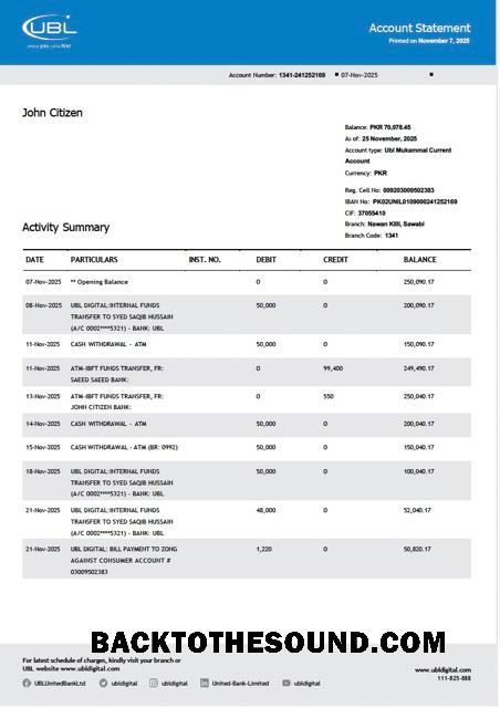 İndir Pakistan birleşik Banka Limited Hesap Hesap Özeti Word and PDF Örnek tasarım