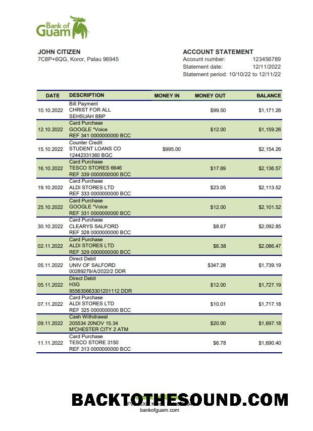 İndir Palau Banka of Guam Banka Hesap Özeti XLS Örnek ön izleme