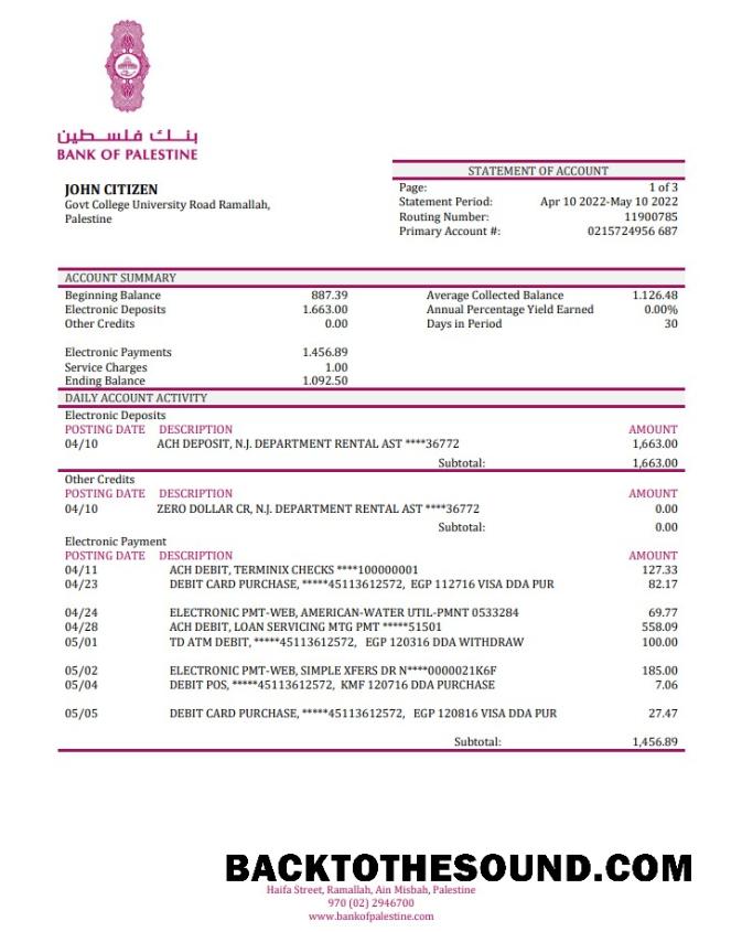 İndir Filistin Banka of Filistin Banka Hesap Özeti Örnek ön izleme