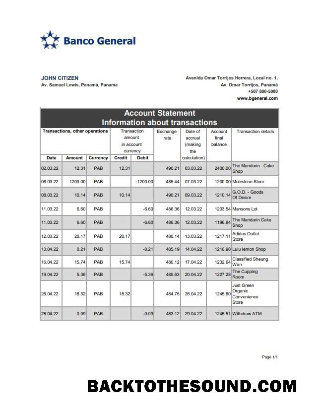 İndir Panama Banco General Banka Hesap Özeti XLS Örnek ön izleme