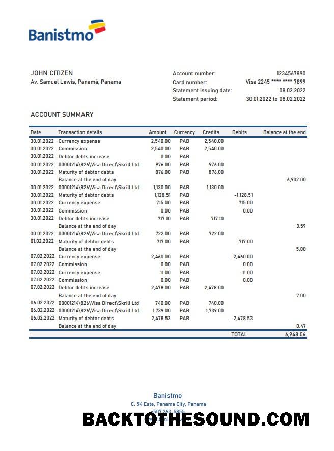 İndir Panama Banistmo Banka Hesap Özeti XLS Örnek taslak