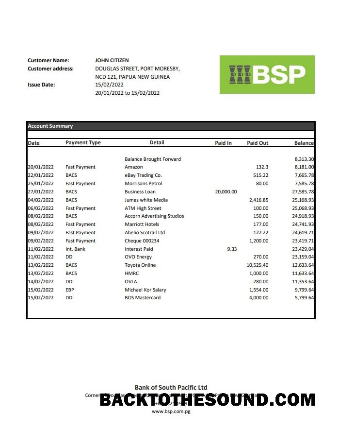 İndir Papua Yeni Gine BSP Banka Hesap Özeti XLS Örnek şablon