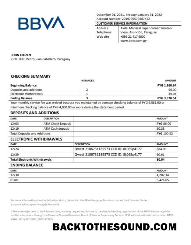 İndir Paraguay BBVA Banka Hesap Özeti Örnek tasarım